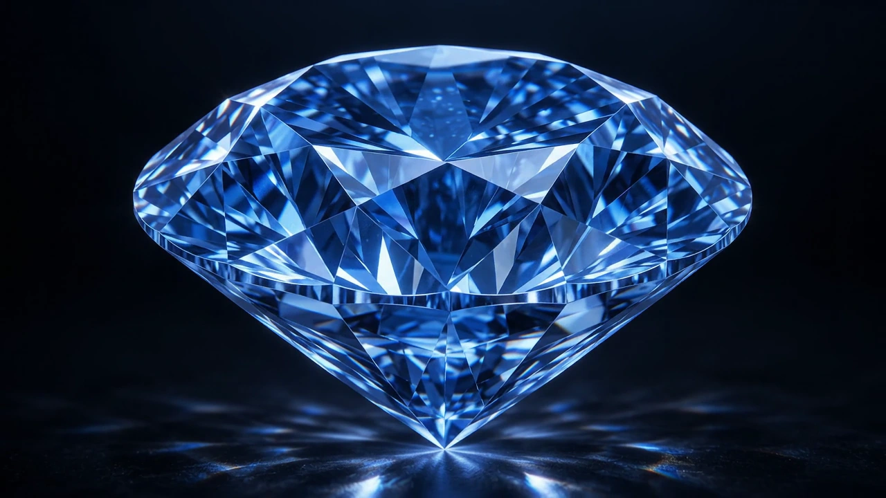 AI-generated editorial image of a blue faceted gemstone against black