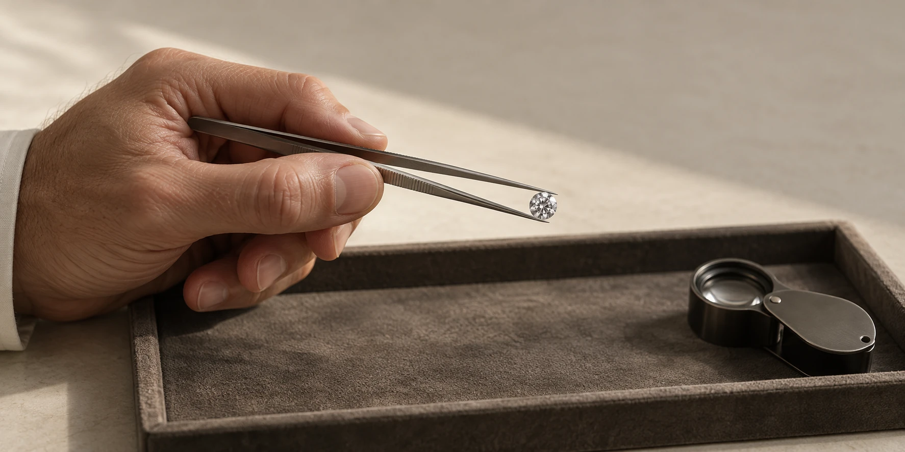 AI-generated editorial illustration of a hand holding a diamond with tweezers above a suede tray, with a jeweller’s loupe nearby